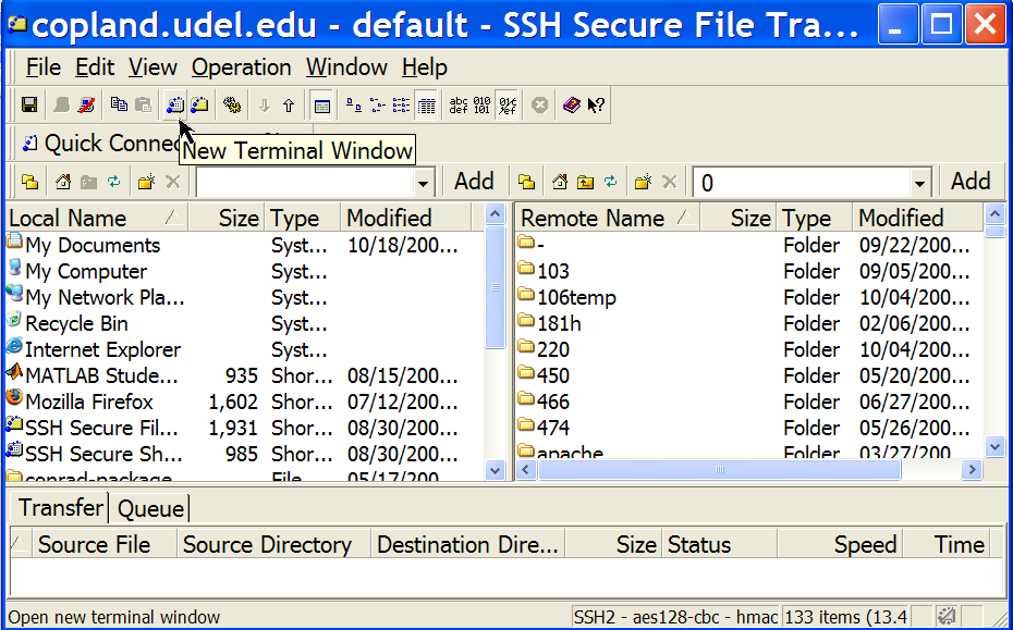 selecting SSH terminal icon from the file transfer interface