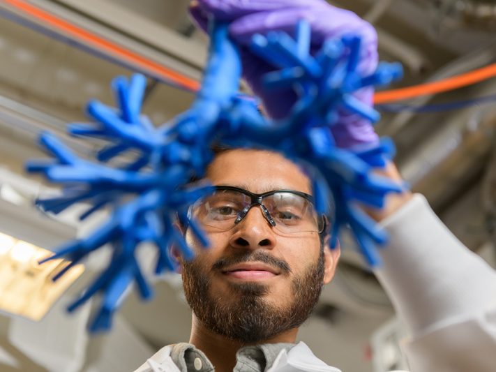 Azeem Sharief, a junior in chemical engineering, is working on summer research with assistant professor of Chemical and Biomolecular Engineering Catherine Fromen  and graduate student Emily Kolewe, on 3D Printed Human Lung Morphology Models for Particle Transport and Deposition Studies. - (Evan Krape / University of Delaware)