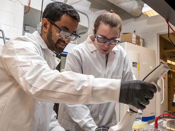 Aditya Kunjapur, a new assistant professor in the Department of Chemical and Biomolecular Engineering, has been named to the Johns Hopkins Center for Health Security’s Emerging Leaders in Biosecurity Initiative fellowship program in 2019.  He works with graduate students Sabyasachi (Sunny) Sen and Morgan Sulzbach in his lab in Colburn using the latest pipette techniques with gels. (Releases obtained on all participates.)