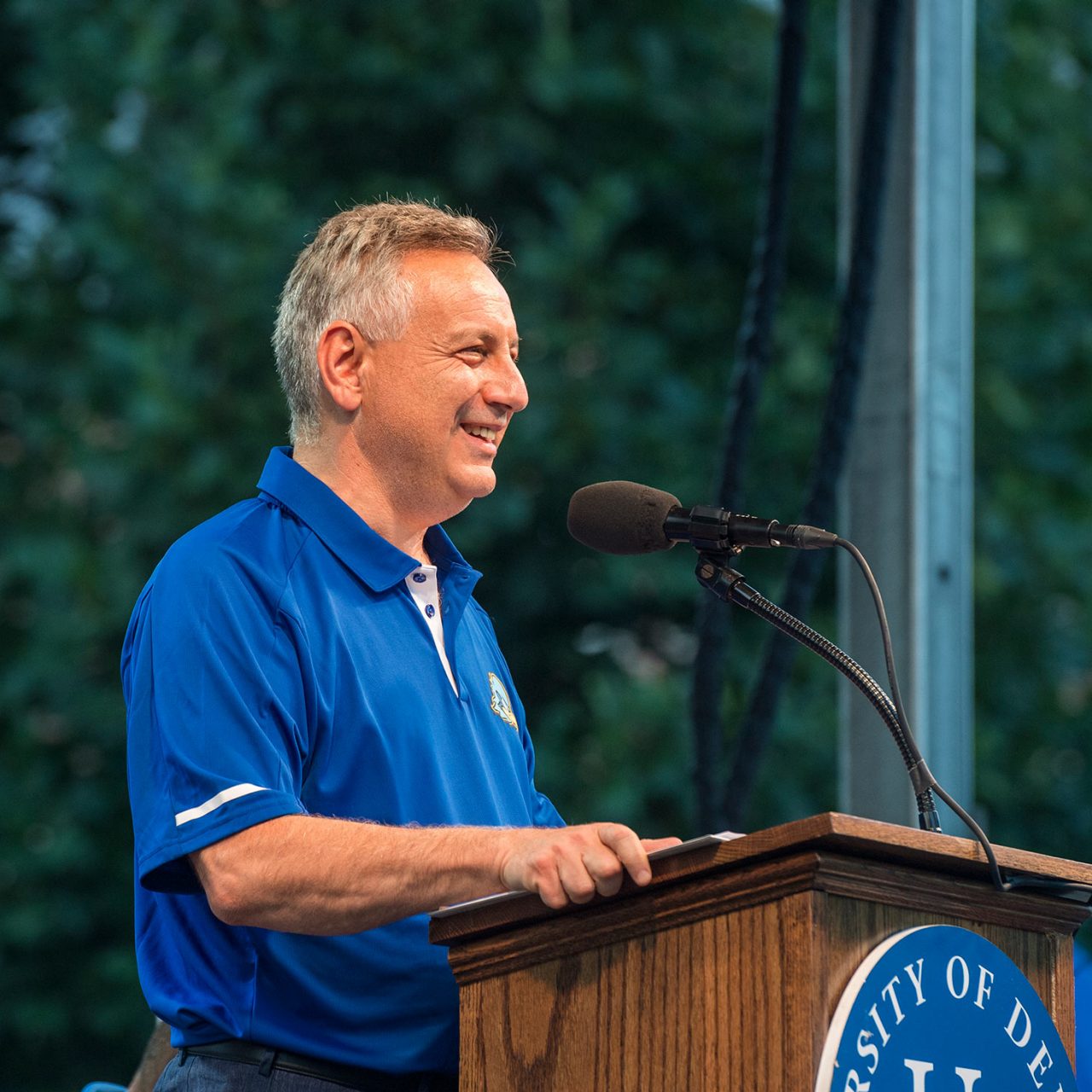 1743 Welcome Days holds Twilight Ceremony, August 27th, 2018 with speakers President Dennis Assanis, Provost Robin Morgan, student speaker Qourtney Ringgold, José Rivera, SGA president Kevin Peterson and UDAA President Steve Beattie. (PHOTO RELEASE SIGNAGE WAS POSTED AT EVERY TABLE STATION.)