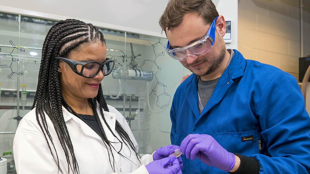 LaShanda Korley and Chase Thompson work together on bioinspired materials in her lab in Colburn Lab. 