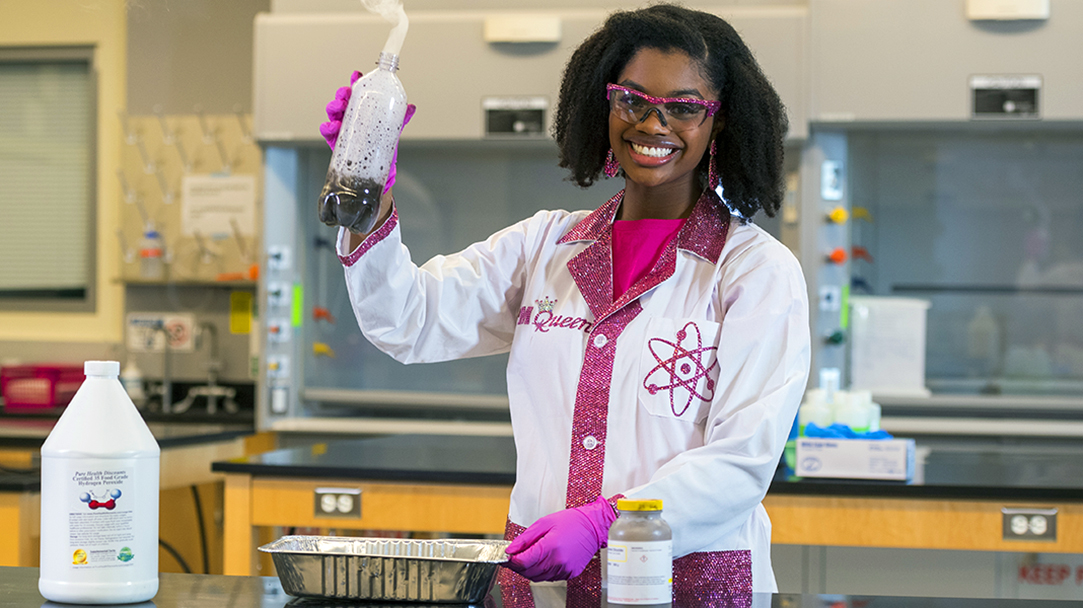 Jackie Means '24 is known as the "STEM Queen" and she has a large social media following and produces short, fun science experiment videos to get children who are typically underrepresented in STEM fields interested in science. 