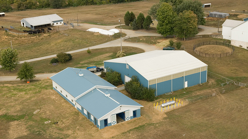 An aerial photo of the equine facilities located on Webb Farm