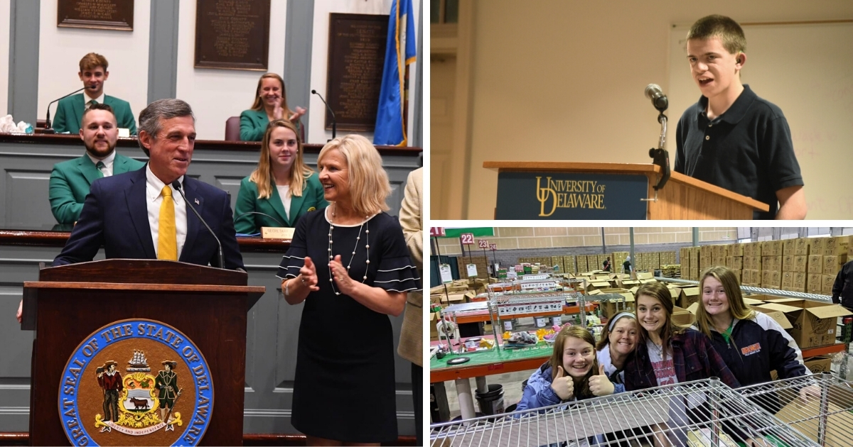 Three photos: 4-H members at legislative hall, public speaking and volunteering.