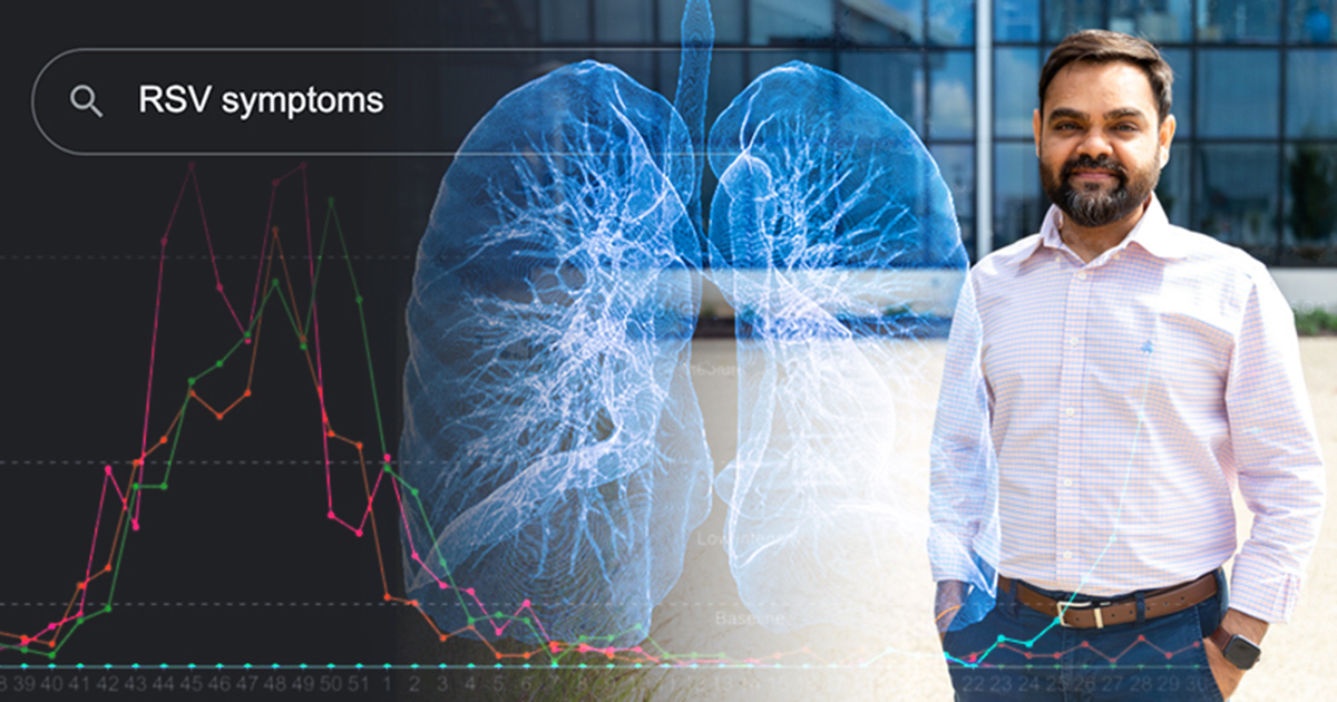Illustration showing Assistant Professor of Epidemiology Tarang Parekh with a backdrop of lungs and a Google search for RSV symptoms. 