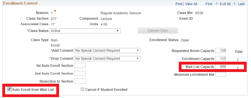Non Enrollment Waitlist Capacity button