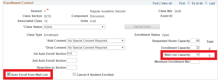 Enrollment Waitlist Capacity button