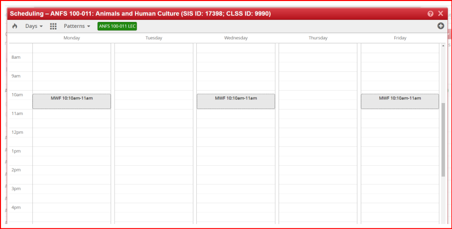 CLSS calendar page with meeting patterns