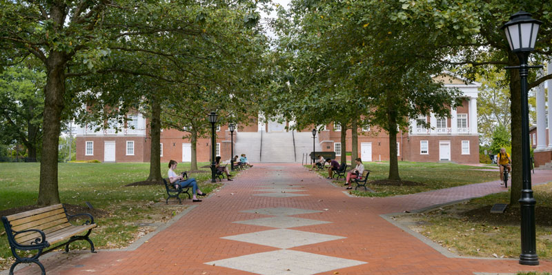 Image of the Diamond Walkway leading up to Old College on the Newark campus. 