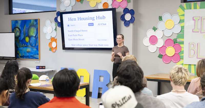 Megan Anderson, an entrepreneurship major at the University of Delaware, pitched at Horn Entrepreneurship’s Spring Pitch Party, earning second place. The first-year student said Horn’s programs for high school students inspired her to attend UD. Megan Anderson, an entrepreneurship major at the University of Delaware, pitched at Horn Entrepreneurship’s Spring Pitch Party, earning second place. The first-year student said Horn’s programs for high school students inspired her to attend UD.