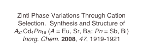 
Zintl Phase Variations Through Cation Selection.  Synthesis and Structure of A21Cd4Pn18 (A = Eu, Sr, Ba; Pn = Sb, Bi)
Inorg. Chem. 2008, 47, 1919-1921