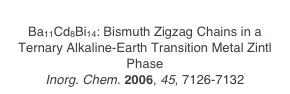 
Ba11Cd8Bi14: Bismuth Zigzag Chains in a Ternary Alkaline-Earth Transition Metal Zintl Phase
Inorg. Chem. 2006, 45, 7126-7132
