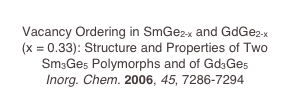 
Vacancy Ordering in SmGe2-x and GdGe2-x 
(x = 0.33): Structure and Properties of Two Sm3Ge5 Polymorphs and of Gd3Ge5
Inorg. Chem. 2006, 45, 7286-7294