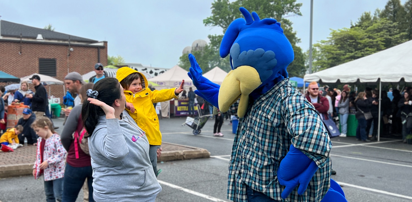 A boy high-fiving the UD mascot.