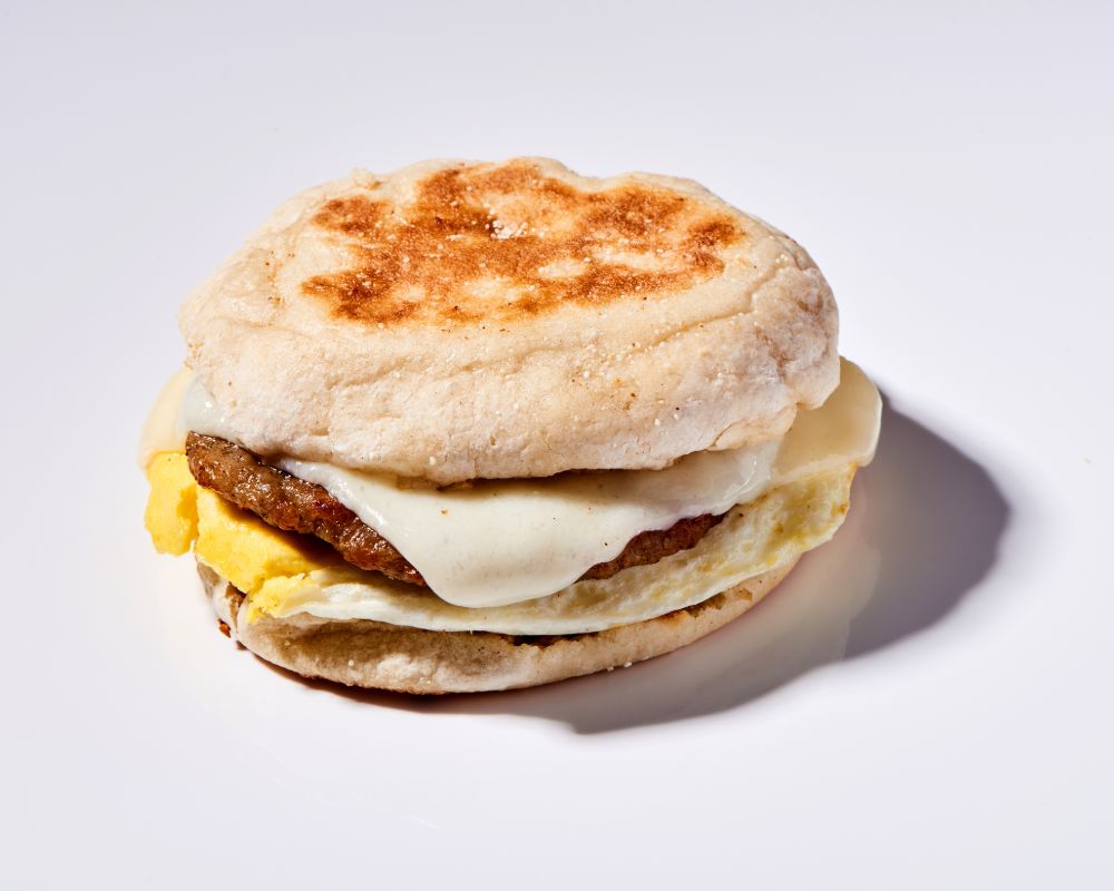 English muffin breakfast sandwich egg, cheese and sausage