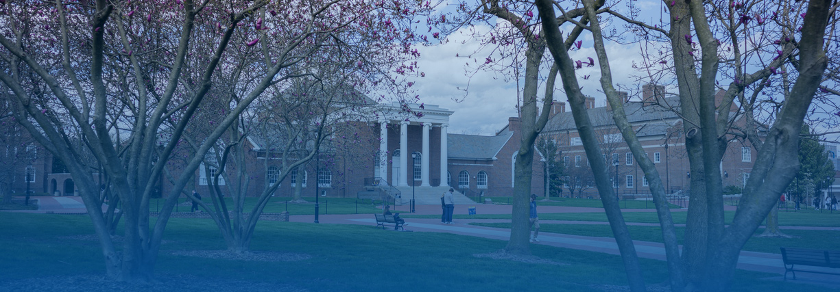 Beautiful photo of UD's campus during spring time with a blue gradient over it.