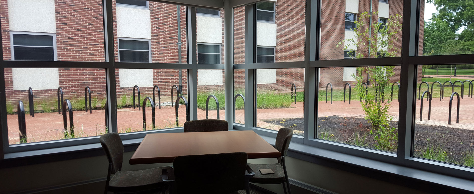 photo looking out windows of the Harrington Commons