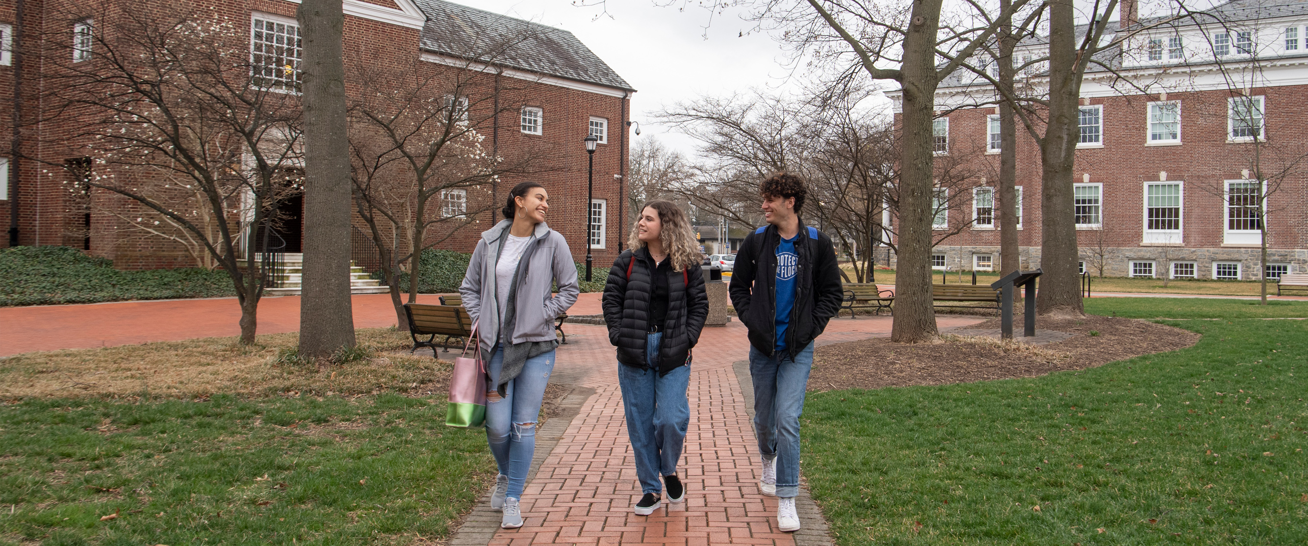 three students walking across the green