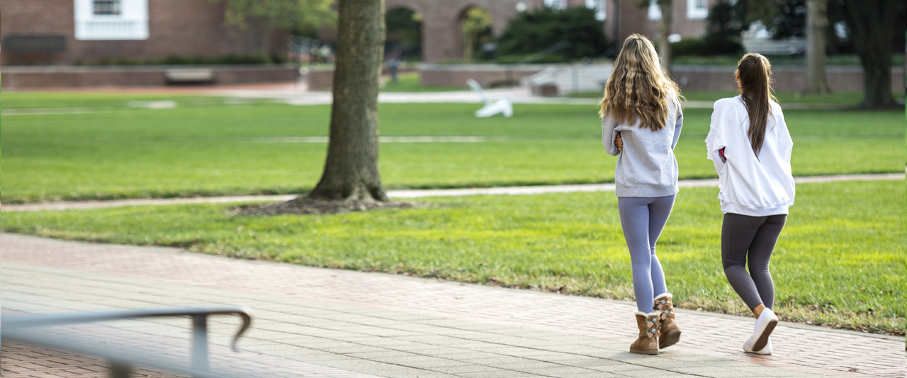 two students walk down the path on The North Green, heading away from the camera