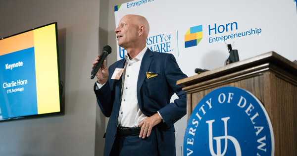 Charlie Horn speaks at the Horn Entrepreneurship five year anniversary party