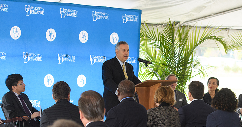 UD President Dennis Assanis speaks at the ceremonial groundbreaking for a six-story, $156 million Biopharmaceutical Innovation Building on UD's STAR Campus.