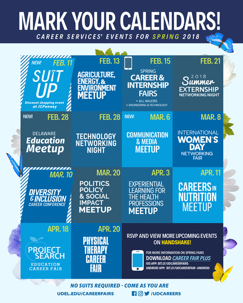 The UD Career Services Center image with dates of events in the spring semester.