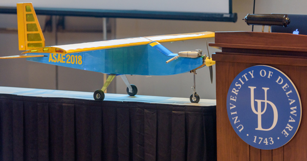 With the plane on display, students discussed how they designed and built the aircraft during December’s 2017 "Senior Engineering Design Celebration" at Clayton Hall.