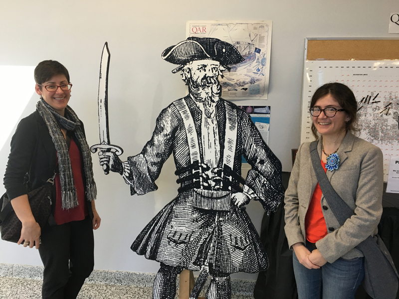 Melissa Tedone (left) and Jocelyn Alcantara-Garcia with a cutout of Blackbeard the pirate.
