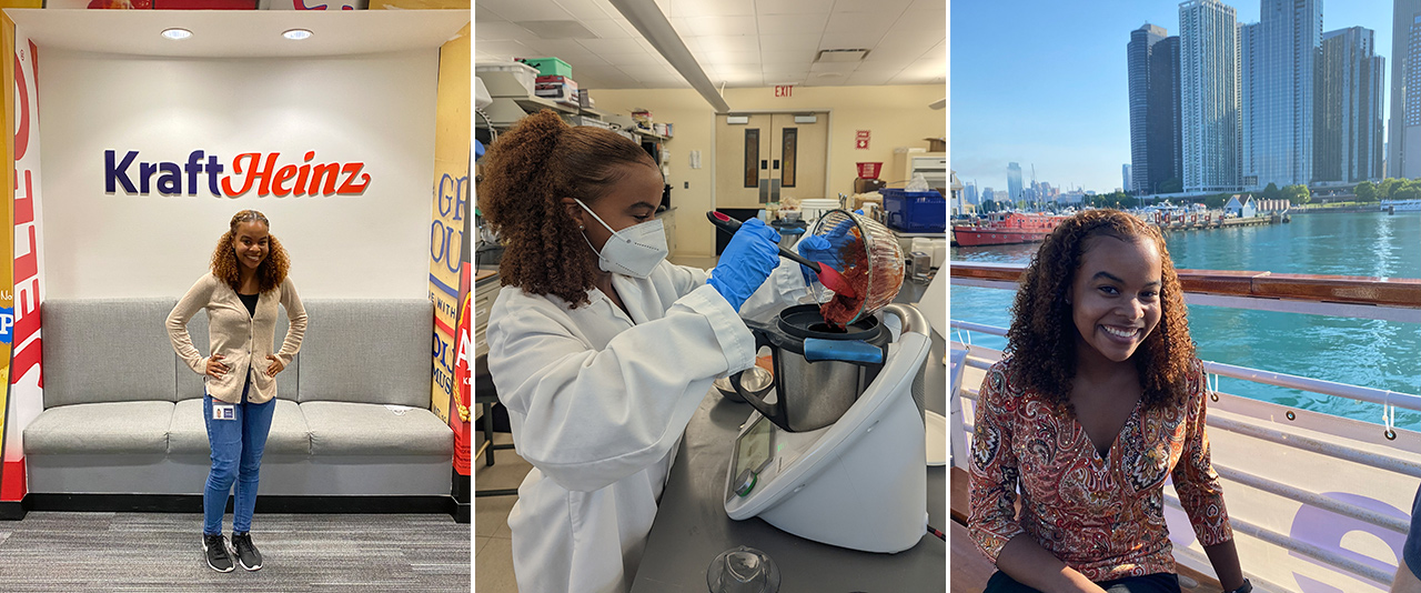 UD student Sydney Tankard in three photos, including her standing at the Kraft Heinz entrance, her in the food science lab, and her in a boat on the Chicago River