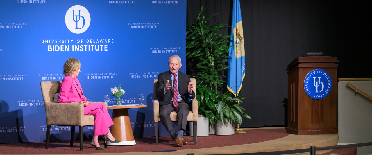 Valerie Biden Owens, chair of the Biden Institute at the University of Delaware, discussed disaster preparedness and crisis decision-making with renowned physician, immunologist and infectious disease researcher Dr. Anthony Fauci on May 3 as part of events surrounding the Disaster Research Center’s 60th anniversary.