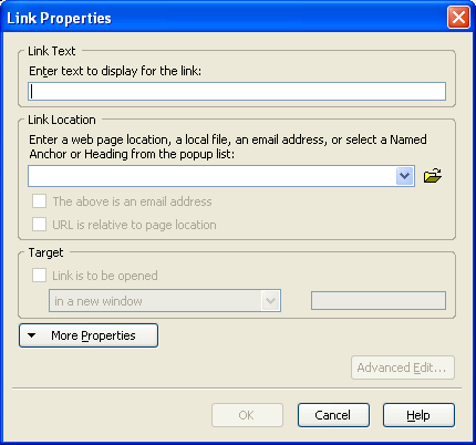 link properties dialog box