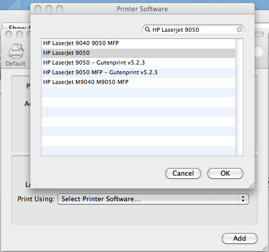 printer software dialog box selection