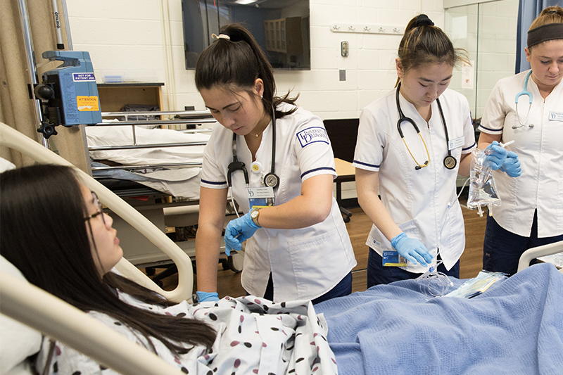 Nursing students work together in an in-class lab.