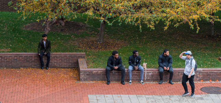 4 students sit on a brick wall on The Green