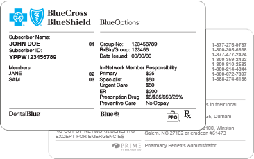 Sample BlueCross medical insurance card with prescription information