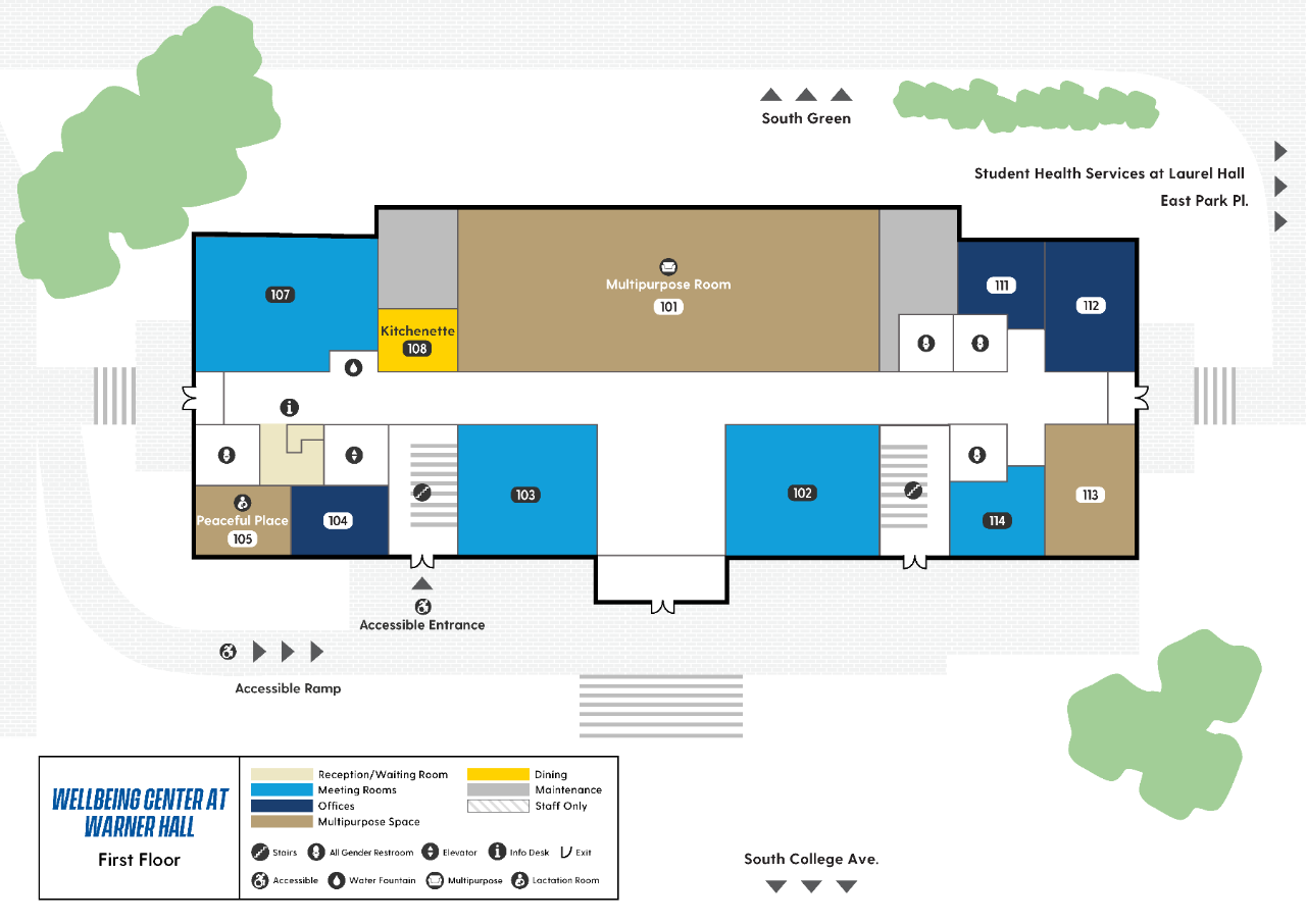 Warner Hall first floor map showing a large multipurpose study area with smaller meeting rooms and offices