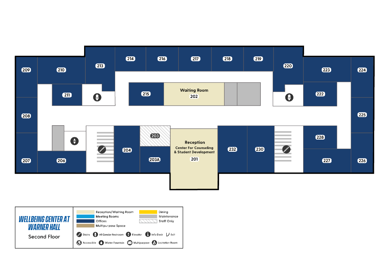 Warner Hall second floor map showing the Center for Counseling and Student Development reception, a waiting area across the hall and staff offices