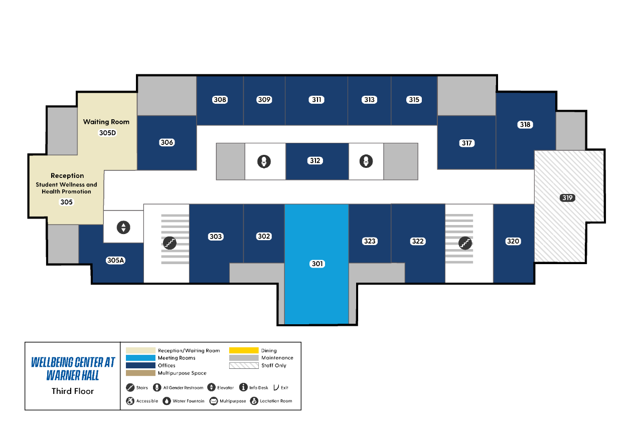 Warner Hall third floor map showing the Student Wellness and Health Promotion reception and waiting room, a large central meeting room, and staff offices