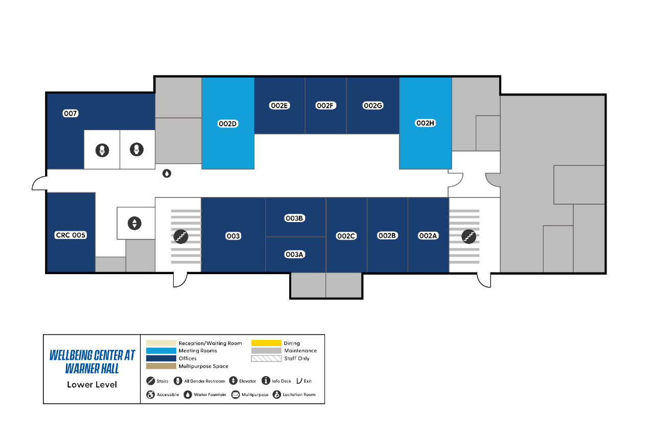 Warner Hall lower level map showing meeting rooms 002D and 002H, the Collegiate Recovery Community space and several offices