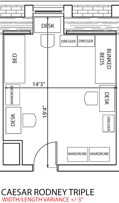 diagram of triple room in Caesar Rodney residence hall