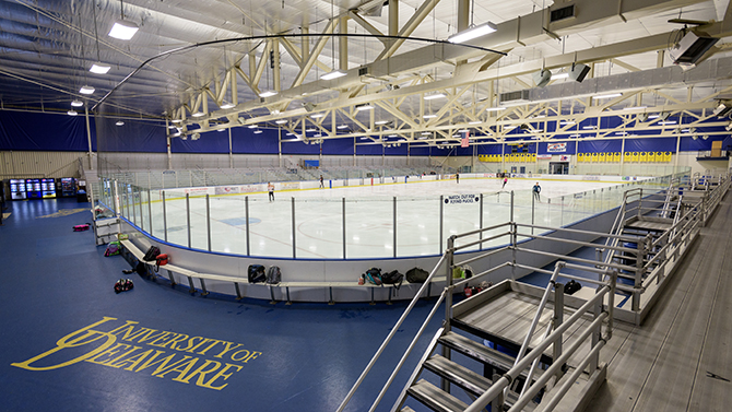 Various photos of the Fred Rust Ice Arena building, facilities, and skaters. - (Evan Krape / University of Delaware)
