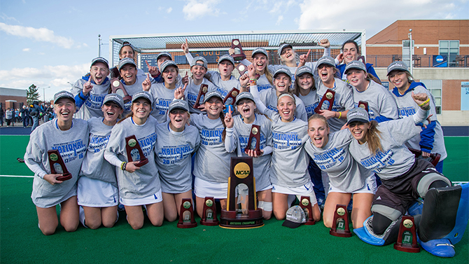 The University of Delaware field hockey team's history-making 2016 season ended on November 20th with a 3-2 win over No. 4 ranked North Carolina to capture the Hen's first-ever NCAA field hockey crown. The No. 8 ranked Blue Hens stellar 2016 season also saw the team racked up their 4th consecutive CAA title while outscoring their opponents by a 100-39 margin over the course of the season. - (Photo by Mark Campbell)