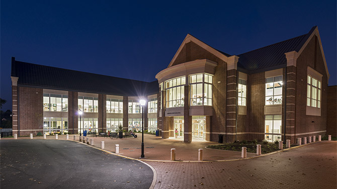 Exterior photos of the Carpenter Sports Building following an extensive renovation and expansion.