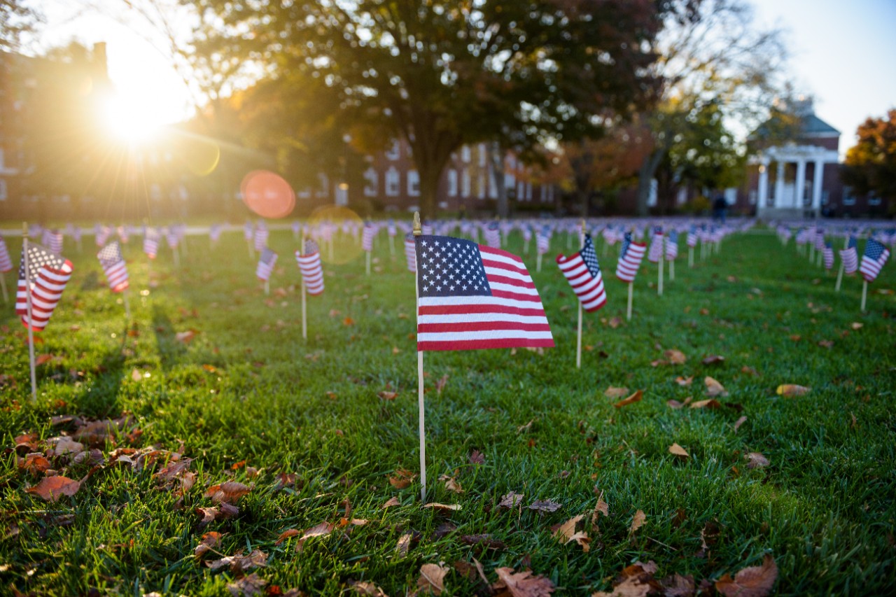 Veterans_Day-Blue_Hen_Veterans-Flag_Garden-111116 As part of Veterans Day observations, members of Blue Hen Veterans and other volunteers set up American Flags on the north central Green outside Memorial Hall to commemorate US service personnel lost and missing in action. - (Evan Krape / University of Delaware)
