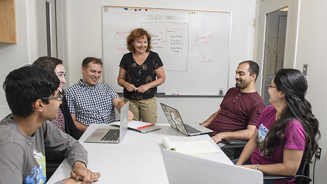 Professors Pollock (black/tan) and Clause (blue/white check) work with undergraduates Gifan Thadathil (gray) and Kate Travers (red/black dots) and doctoral candidates Cagri Sahin (maroon) and Irene Manotas (purple) work as a team on computer software that is environmentally friendly.