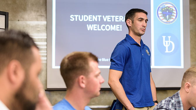 The very first "Veterans New Student Orientation (NSO)" session held at the University of Delaware specifically for incoming students who have / continue to serve in the US armed forces. Held as a partnership between NSO and the Blue Hen Veterans registered student organization (RSO), the event addressed issues specific to student veterans and gave them an opportunity to connect with each other and current Blue Hen Veterans.  - (Evan Krape / University of Delaware)