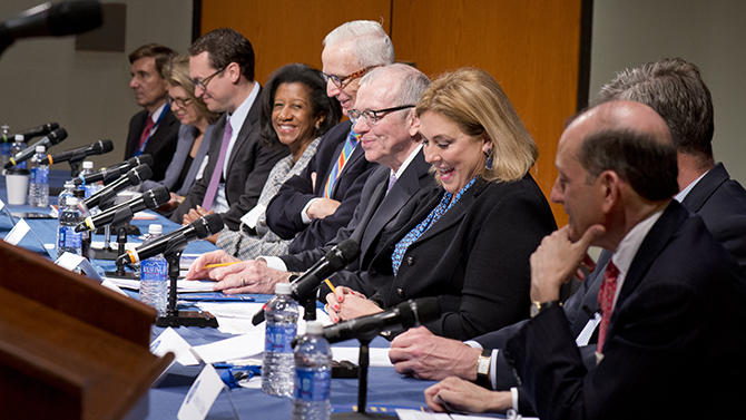 John L. Weinberg Center for Corporate Governance and  Center for Audit Quality panel discussion held in the Gore Recital Hall in the CFA. Moderator: Professor Charles Elson. Panelists: Dennis (Denny) Beresford, Angela Brock-Kyle, Cindy Fornelli, The Honorable Randy J. Holland, Philip Livingston, Paula Loop, Zach Oleksiuk and John White. From left to right: The Honorable Randy J. Holland, Paula Loop, Zach Oleksiuk, Angela Brock-Kyle, Dennis (Denny) Beresford, John White, Cindy Fornelli, Philip Livingston, and Charles Elson