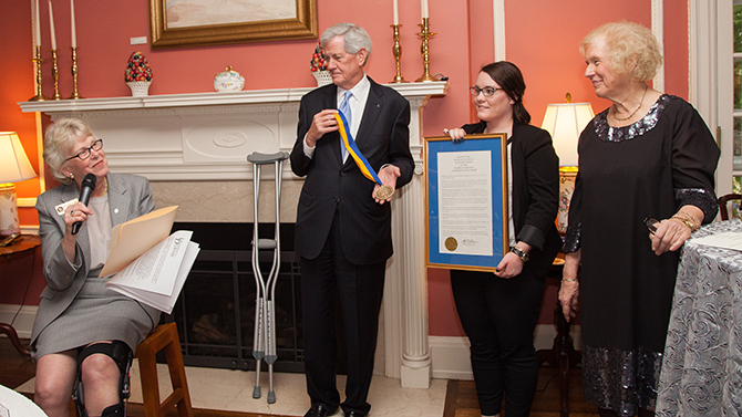 Board of Trustees Reception at the President's house, Tuesday, May 17th, 2016 in which Susan Brynteson receives an award for her service to the university.