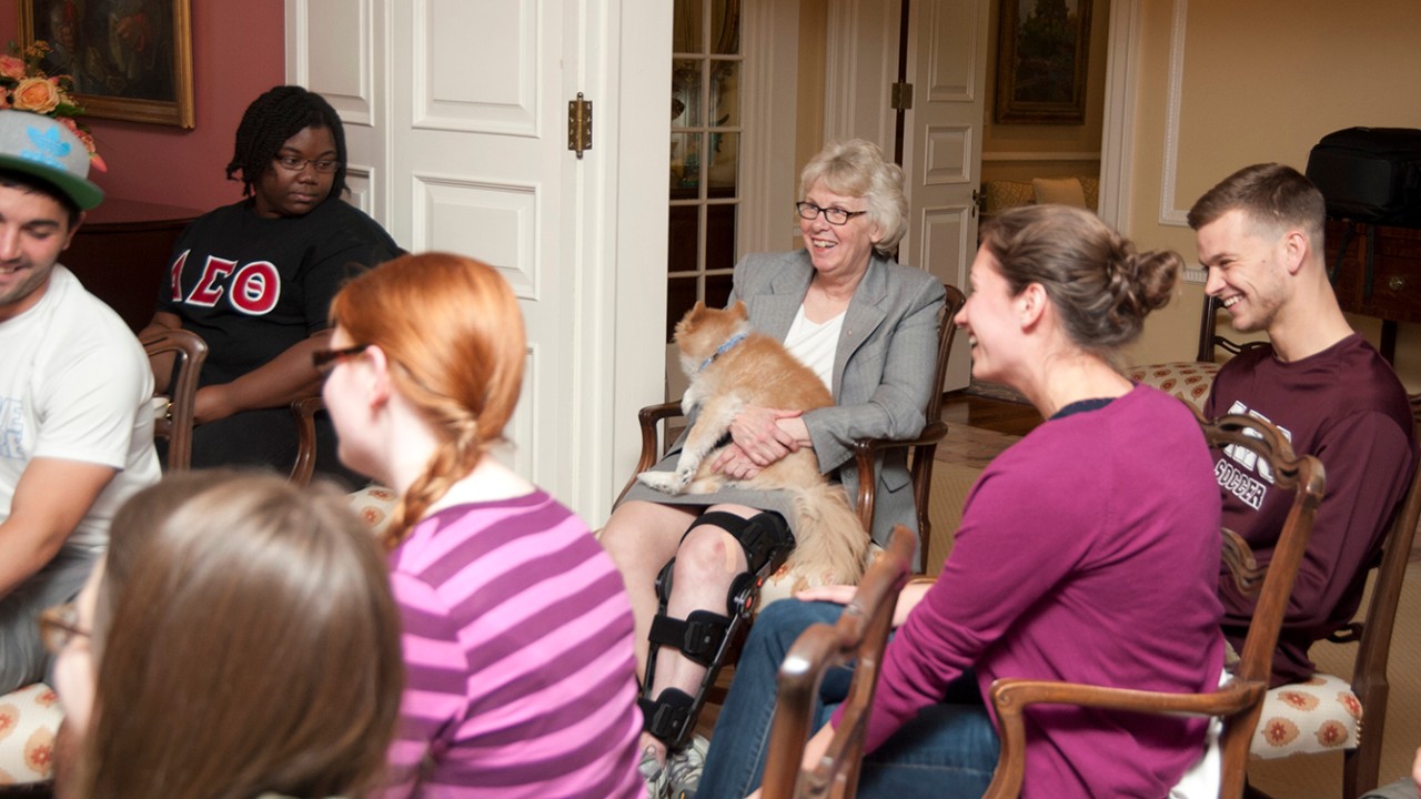 Lindsay Naylor's Food Justice Course are having a potluck dinner with President Nancy Targett at 47 Kent Way the President's House. Students prepare the food and discuss with Nancy the projects they've been working on during the semester as part of the Course.