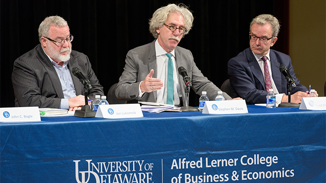 John L. Weinberg Center for Corporate Governance Lecture "How the Financial System Fails Investors and How to Fix It From a Structural and Governance Perspective" with a panel discusion centered around the authors of the book "What They Do With Your Money: How the Financial System Fails Us and How to Fix It." The panel featured John C. Bogle, founder of Vanguard; Stephen M. Davis, associate director and senior fellow at the Harvard Law School Program on Corporate Governance; Jon Lukomnik, executive director of the IRRC Institute and managing partner of Sinclair Capital LLC; David Pitt-Watson, former head of the Hermes shareholder activist funds in Europe and executive fellow of finance at the London Business School; and Jennifer Taub, professor of law at the Vermont Law School. The panel was moderated by Charles Elson, the Edgar S. Woolard, Jr. Chair in Corporate Governance at UD and director of the Weinburg Center. - (Evan Krape / University of Delaware)